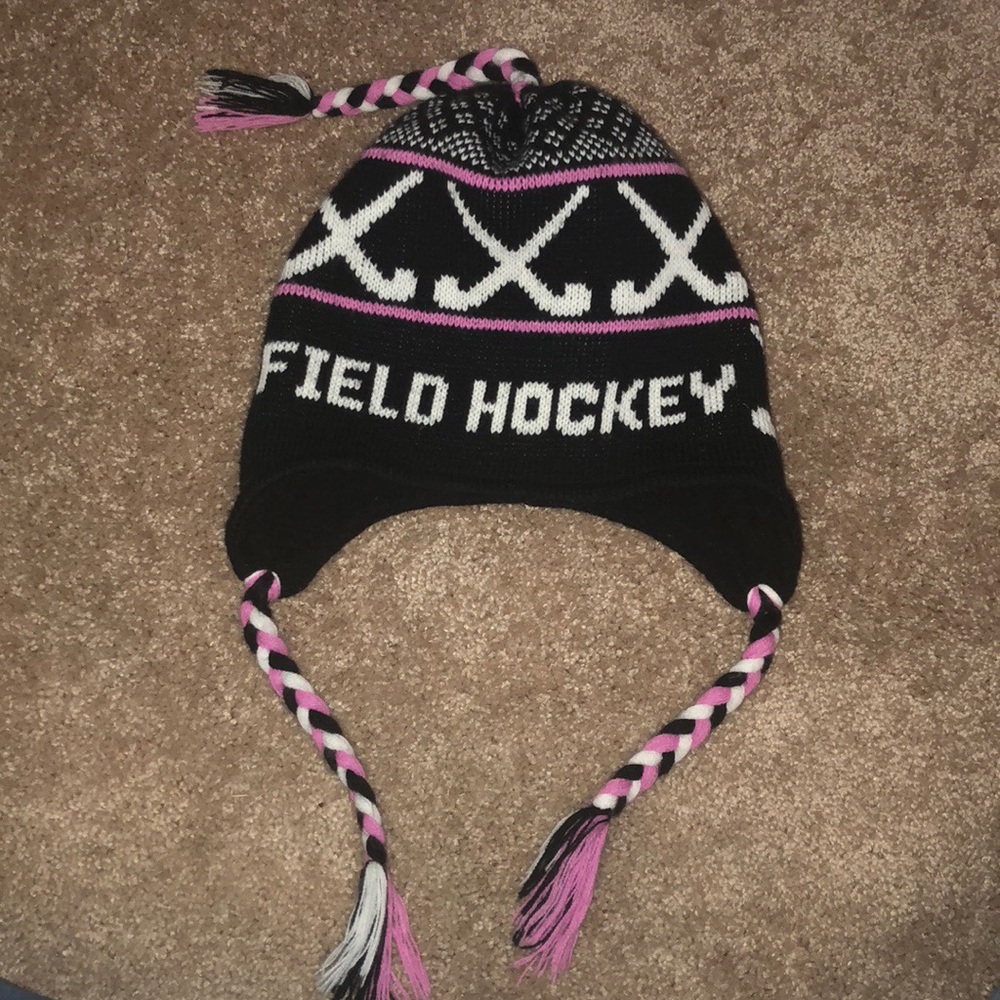 Pink black and white winter field hockey hat